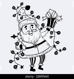 Père Noël mignon avec guirlande, boules de Noël et boîte avec cadeau. Illustration vectorielle. Dessin décoratif à la main, Doodle Illustration de Vecteur