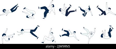 L'homme trébuche et tombe, les personnes âgées et les adultes tombant, différentes personnes plates. Les hommes et les femmes en apesanteur, volant isolé des personnages vectoriels récents Illustration de Vecteur