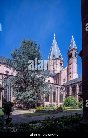 Vue sur la cathédrale Saint-Martin depuis le cloître gothique, Mayence, Rhénanie-Palatinat, Allemagne Banque D'Images