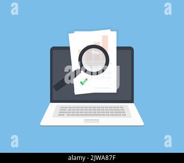 Audit financier recherche en ligne sur Internet sur l'écran d'ordinateur portable logo design. Concept de comptabilité ou d'inspection statistique du marché du financement des ventes. Illustration de Vecteur