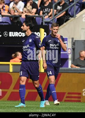 Jan Vertonghen d'Anderlecht réagit lors d'un match de football entre RSCA Anderlecht et OH Leuven, le dimanche 04 septembre 2022 à Anderlecht, le 7 e jour de la première division du championnat belge de la Jupiler Pro League 2022-2023. BELGA PHOTO JOHN THYS Banque D'Images