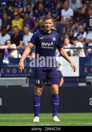 Jan Vertonghen d'Anderlecht réagit lors d'un match de football entre RSCA Anderlecht et OH Leuven, le dimanche 04 septembre 2022 à Anderlecht, le 7 e jour de la première division du championnat belge de la Jupiler Pro League 2022-2023. BELGA PHOTO JOHN THYS Banque D'Images