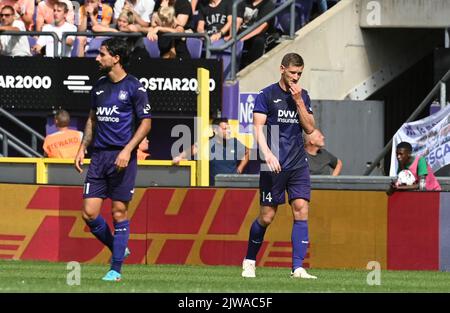 Jan Vertonghen d'Anderlecht réagit lors d'un match de football entre RSCA Anderlecht et OH Leuven, le dimanche 04 septembre 2022 à Anderlecht, le 7 e jour de la première division du championnat belge de la Jupiler Pro League 2022-2023. BELGA PHOTO JOHN THYS Banque D'Images