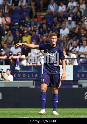 Jan Vertonghen d'Anderlecht réagit lors d'un match de football entre RSCA Anderlecht et OH Leuven, le dimanche 04 septembre 2022 à Anderlecht, le 7 e jour de la première division du championnat belge de la Jupiler Pro League 2022-2023. BELGA PHOTO JOHN THYS Banque D'Images