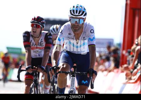 Espagnol Alejandro Valverde de Movistar Team traverse la ligne d'arrivée de la phase 15 de l'édition 2022 de la 'Vuelta a Espana', Tour d'Espagne course cycliste, de Martos à Sierra Nevada (153 km), Espagne, dimanche 04 septembre 2022. BELGA PHOTO DAVID PINTENS Banque D'Images