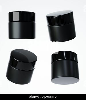 Quatre vues différentes de pot en plastique noir brillant crème avec bouchon, 3D rendent l'emballage de produit cosmétique isolé sur fond blanc Banque D'Images