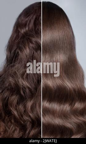 Femme avant après avoir curling ses cheveux. Vue arrière, droite et boucles. Banque D'Images