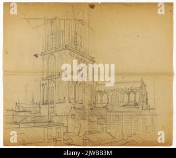 Vue d'une maison sur le Light Gaard à Utrecht sur les deux sections inférieures de la tour Dom avec l'arrière des bâtiments sur Servetstraat et Domplein et en premier plan quelques serres de la pépinière Floran's Hof, du sud-ouest. Banque D'Images