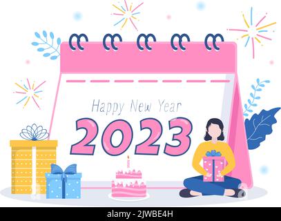 Happy New Year 2023 Celebration Template dessin à la main dessin à l'arrière-plan plat Illustration avec feux d'artifice, rubans et Confetti Design Illustration de Vecteur