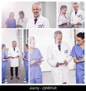 En parlant avec ses collègues. Image composite des médecins dans le couloir de l'hôpital. Banque D'Images