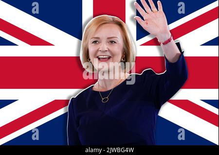 Liz Truss, Premier ministre britannique et drapeau britannique Banque D'Images