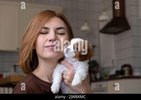 L'hôtesse appuie doucement le chien. Concept clinique vétérinaire ou alimentation animale. Relation entre un chiot et une personne. Concept clinique vétérinaire Banque D'Images