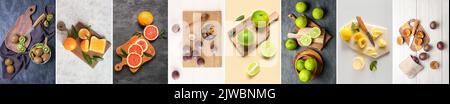Collage de planches à découper avec fruits frais, vue du dessus Banque D'Images