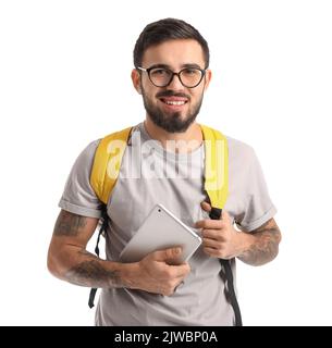 Beau tatouage étudiant avec ordinateur de tablette isolé sur blanc Banque D'Images