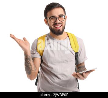 Beau tatouage étudiant avec ordinateur de tablette isolé sur blanc Banque D'Images