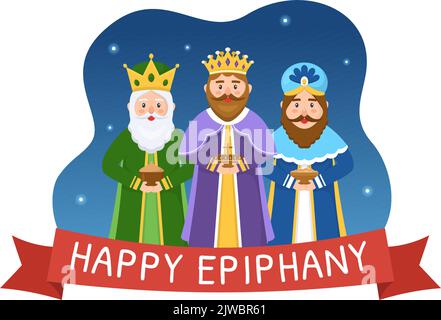 Happy Epiphany Day Template main dessiné dessin de dessin de dessin de dessin animé Festival chrétien à la foi sur la Divinité de Jésus depuis son arrivée au monde Illustration de Vecteur