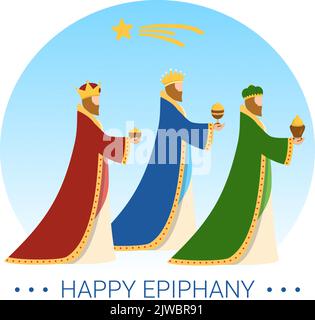 Happy Epiphany Day Template main dessiné dessin de dessin de dessin de dessin animé Festival chrétien à la foi sur la Divinité de Jésus depuis son arrivée au monde Illustration de Vecteur