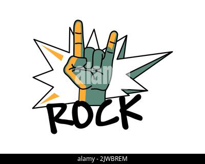 La main de dessin animé vectoriel montre un geste de chèvre avec le texte Rock. Symbole Rock sur les étoiles d'arrière-plan. Concept de fraîcheur. Illustration vectorielle. Illustration de Vecteur