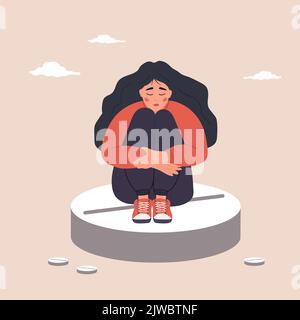 Douleurs menstruelles. Médicaments pour soulager les symptômes du SPM. Triste femme avec des crampes abdominales assis sur une grande pilule. Problèmes critiques de jour féminins. Vecteur Illustration de Vecteur