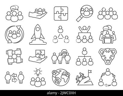 Ensemble vectoriel d'icônes de ligne de travail d'équipe. Contient des icônes telles que collaboration, recherche, Réunion, etc Illustration de Vecteur