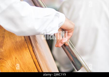 Détail des doigts d'un lecteur de basses double lors d'une performance Banque D'Images