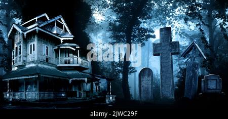 Bannière horizontale pour Halloween avec maison hantée et croix de pierre médiévale, pierres tombales dans un cimetière dans une forêt de foggy. Paysage mystérieux avec abandonné Banque D'Images