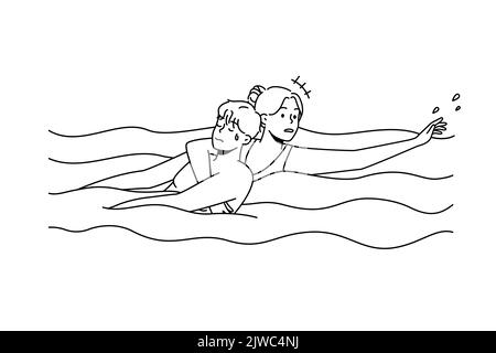 Femme sauvant l'homme noyant dans l'eau. Un sauveteur aide un gars qui se trouve dans la piscine. Urgence et sauvetage. Illustration vectorielle. Illustration de Vecteur