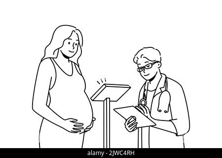 Médecin vérifiant la femme enceinte à l'hôpital. GP mâle peser la femme enceinte à un rendez-vous en clinique. Santé et médecine. Illustration vectorielle. Illustration de Vecteur