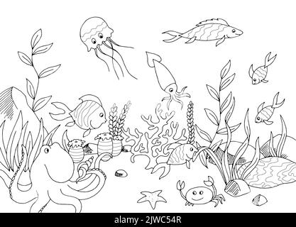 Drôle de poisson sous-marin graphique mer noir blanc esquisse illustration vecteur Illustration de Vecteur
