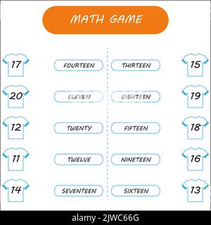 Tracez des lignes pour relier chaque numéro à son mot numérique. Jeu de mathématiques. Mettez en place les feuilles de travail pour les enfants d'âge préscolaire et scolaire. Banque D'Images