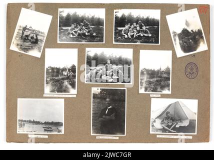 Image de la page 16 d'un album photo à feuilles volantes de l'Association néerlandaise des Poundfinders (N.P.V.), département d'Utrecht, avec des photos de: Une activité inconnue avec Hopman van Popta (285 à 289); Hopman Egidius avec la troupe 'de Blom' (290 à 291); la compétition pour la Bossche Boei (292); Vaandrig Lamers (293) et Hopman van Popta avec une guitare (294). Banque D'Images