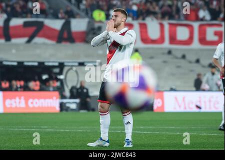 Buenos Aires, Argentine. 04th septembre 2022. Lucas Beltran de River plate réagit lors d'un match entre River plate et Baracas dans le cadre de la Ligue professionnelle 2022 à l'Estadio Más Monumental Antonio Vespucio Liberti.( scores finaux; River plate 2:1 Barracas Central) Credit: SOPA Images Limited/Alay Live News Banque D'Images