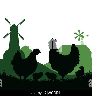 Poulets en pâturage. Silhouette de l'image. Animaux de la ferme. Volaille domestique pour obtenir des oeufs. Paysage rural avec maison de ferme. Isolé sur fond blanc. VEC Illustration de Vecteur