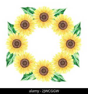 Couronne de tournesol. Aquarelle vintage illustration.place pour l'inscription. Isolé sur un fond blanc. Pour la conception d'autocollants, de fournitures de jardin. Banque D'Images