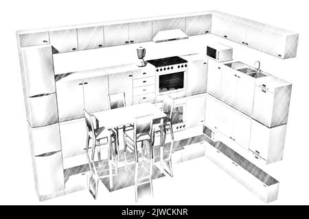 3D illustration. Cuisine modulaire avec appareils électroménagers. Banque D'Images