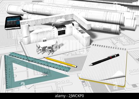 3D illustration. Cuisine modulaire avec appareils électroménagers. Banque D'Images