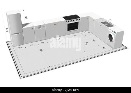 3D illustration. Cuisine modulaire avec appareils électroménagers. Banque D'Images