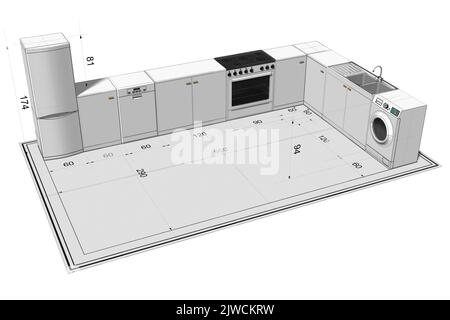 3D illustration. Cuisine modulaire avec appareils électroménagers. Banque D'Images