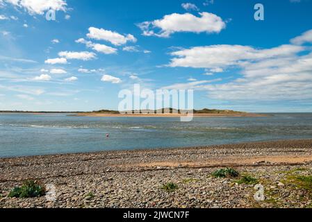 Lowsy point surplombant Scarth Bight Bay et l'extrémité nord de Walney Island, Sandscale Haws, près de Barrow-in-Furness, Cumbria, Royaume-Uni, Août. Banque D'Images