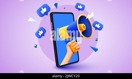 3d enceinte mégaphone portable pour annonce. Maquette avec notifications similaires. Promotion des médias sociaux. Illustration de Vecteur