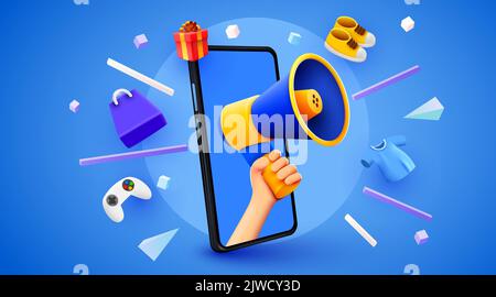 3d mains tenant le haut-parleur mégaphone dans le smartphone pour annoncer la remise. Solde maquette avec éléments de mode. Illustration de Vecteur
