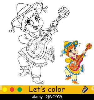 Mignon petit garçon mexicain avec guitare. Concept Halloween. Page de livre de coloriage pour les enfants avec modèle coloré. Illustration de dessin animé vectoriel. Pour l'impression Illustration de Vecteur