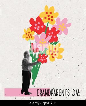 Carte de voeux pour grand-parents avec motif artistique créatif. Homme joyeux senior, grand-père avec grand bouquet de fleurs peintes. Famille, vacances, amour Banque D'Images
