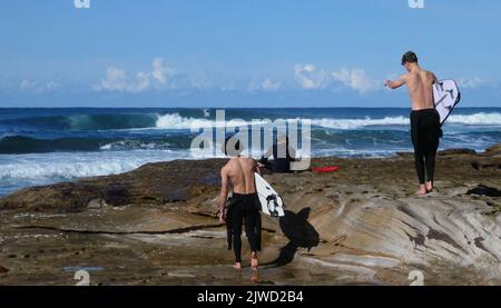 vue arrière de trois jeunes hommes transportant des planches de surf marchant sur une roche de grès vers l'eau pour un surf Banque D'Images