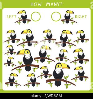 Jeu éducatif simple pour les enfants. Comptez le nombre d'oiseaux à gauche et à droite et écrivez le résultat Banque D'Images