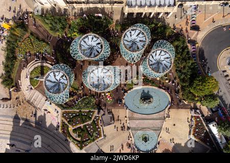 Visiteurs au jardin PoliNations de Victoria Square, Birmingham, qui est composé de cinq 40ft installations d'arbres de haute hauteur et plus de 6 000 plantes. Le programme PoliNations vise à explorer comment la migration et la pollinisation croisée ont façonné les jardins et la culture du Royaume-Uni. Date de la photo: Lundi 5 septembre 2022. Banque D'Images