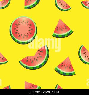 Motif vectoriel sans couture de tranches de pastèque sur fond jaune. Imprimer sur du tissu, du papier cadeau, des cartes postales, des motifs Illustration de Vecteur