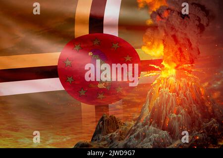 Grande éruption volcanique la nuit avec explosion sur fond de drapeau de la Dominique, problèmes d'éruption et de cendres volcaniques concept - 3D illustration de nat Banque D'Images