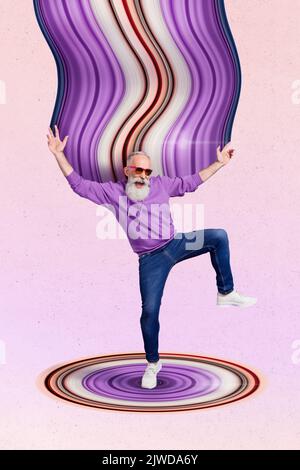 Vertical créatif collage image de la danse funky positive vieux homme lunettes de soleil hoodie parti disco club psychédélique vagues coloré flux vibe Banque D'Images