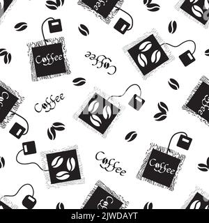 Fond de panier à café et motif vectoriel de grains sans couture. Toile de fond noir blanc avec sachets de lattes fraîchement brassées jetables, americanos. Grunge Illustration de Vecteur